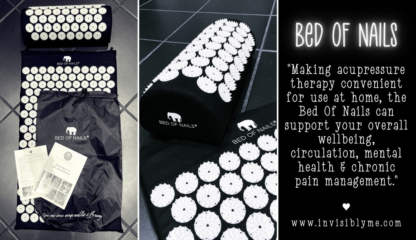 A collage of three sections. The left and middle section are photos already included in this review : one of the Bed Of Nails mat, pillow, bag and leaflets, and the other is a close-up shot to show the nails. The third section is text that reads: "Making acupressure therapy convenient for use at home, the Bed Of Nails can support your overall wellbeing, circulation, mental health and chronic pain management.