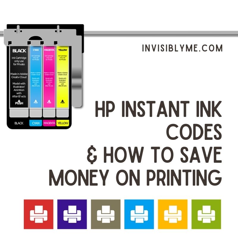 A white background, at the top of which is a digital image of ink cartridges on a bar, like inside a printer. In the middle is the post title: "HP Instant Ink Codes & How to Save Money On Printing Cover". At the bottom are 6 little colourful squares with printer icons inside for decoration.