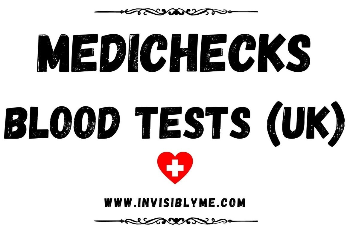 A white background with black scroll detailing at the top and bottom. In the middle in large font it reads: Medichecks Blood Tests UK" and www.invisiblyme.com. There's a small red heart with a white medical cross inside to add colour.