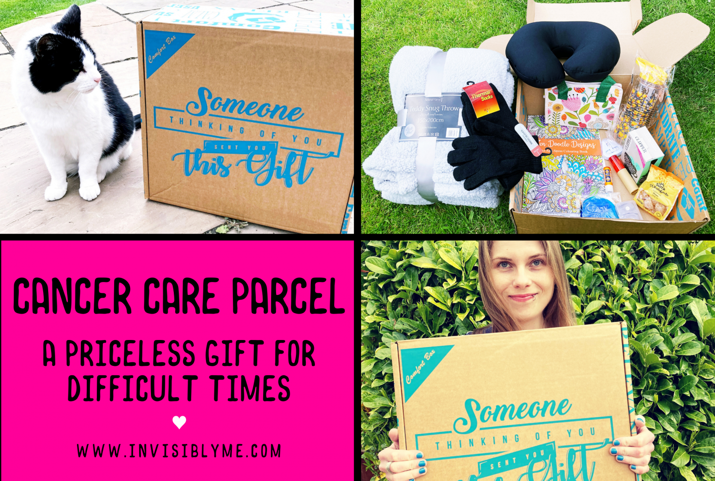 A collage of four rectangles. Three are images, showing me with the Cancer Care Parcel box for this review, one with my cat looking at it, and another with the contents of the opened box on the grass. The lower left rectangle is bright pink with black text reading : "Cancer care parcel. A priceless gift for difficult times" followed by invisibly me dot com.