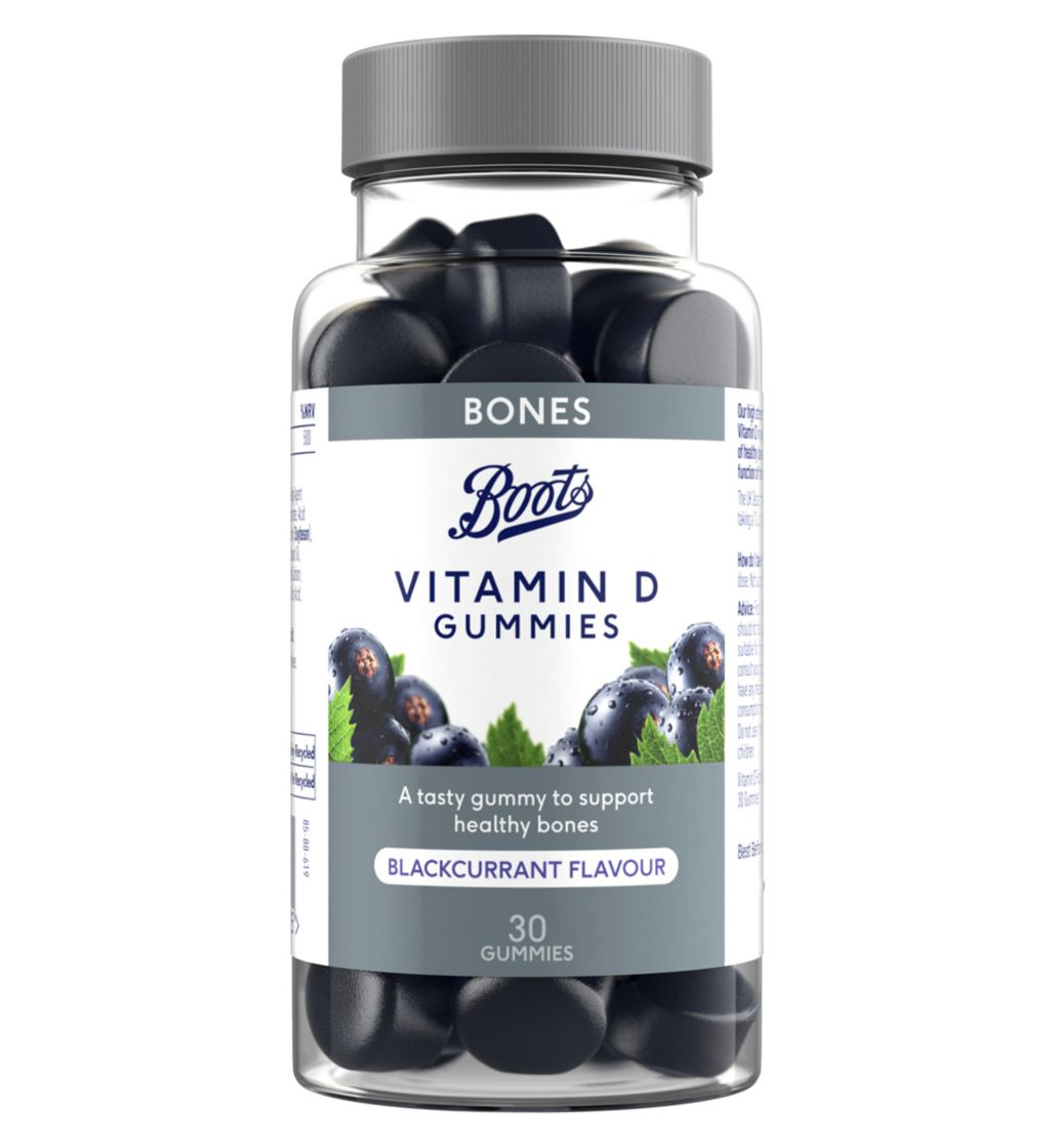 A stock image of the Boots Vitamin D gummies in blackcurrant flavour. They come in a clear plastic tub with screw lid.