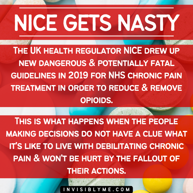 Pictured Quote Reads: The UK health regulator NICE drew up new dangerous & potentially fatal guidelines in 2019 for NHS chronic pain treatment in order to reduce & remove opioids. This is what happens when the people making decisions do not have a clue what it's like to live with debilitating chronic pain & won't be hurt by the fallout of their actions.