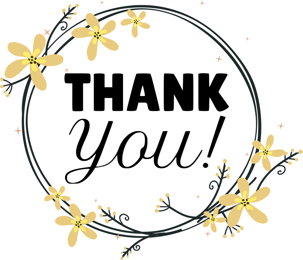 A circle outline decorated with yellow flowers, inside which it says "Thank You!"