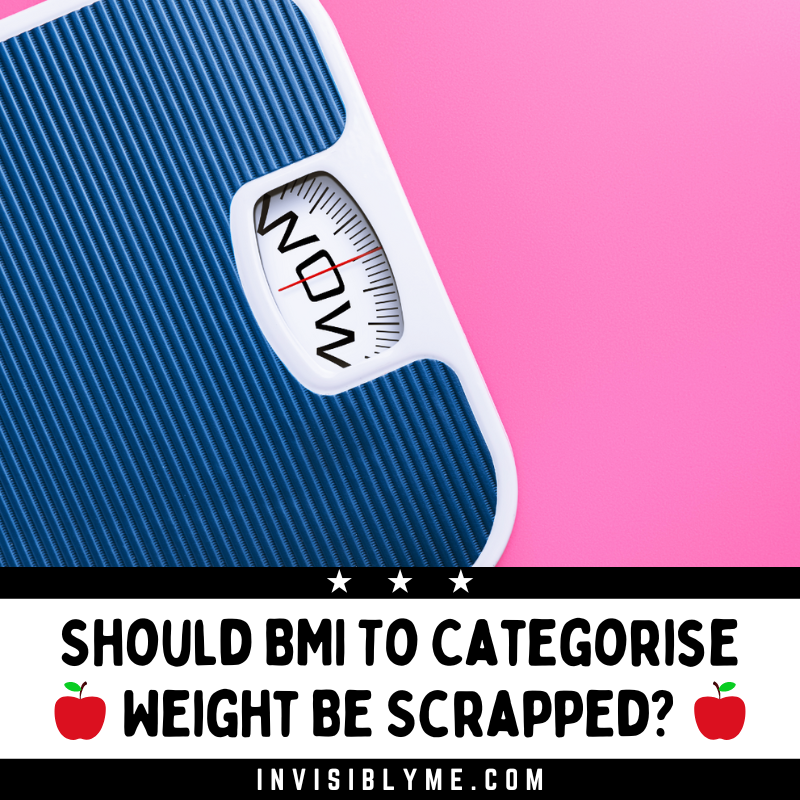 Blue bathroom scales are at an angle against a pink background. On the scales instead of weight or BMI they read "WOW". The post title is below: Should BMI to categorise weight be scrapped?