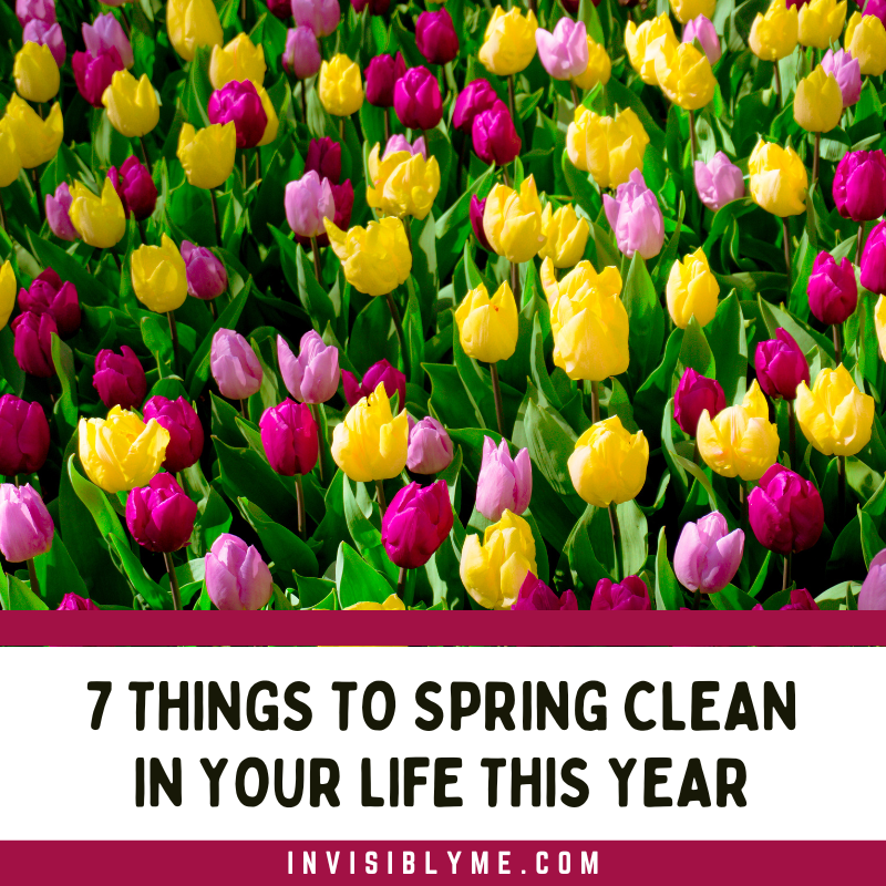 A close up of yellow, pink and purple tulips in a field indicating the start of spring time. Below is the blog post title - 7 Things To Spring Clean In Your Life This Year.