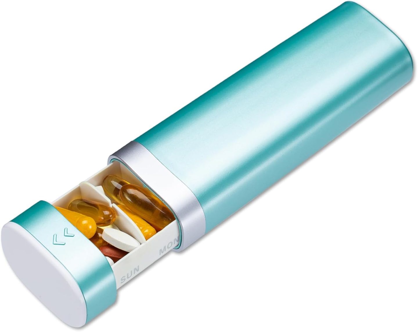 The Betlift 7 day medication organiser in a tube that you pull out to reveal the days. This one is in a light metallic mint green colour.