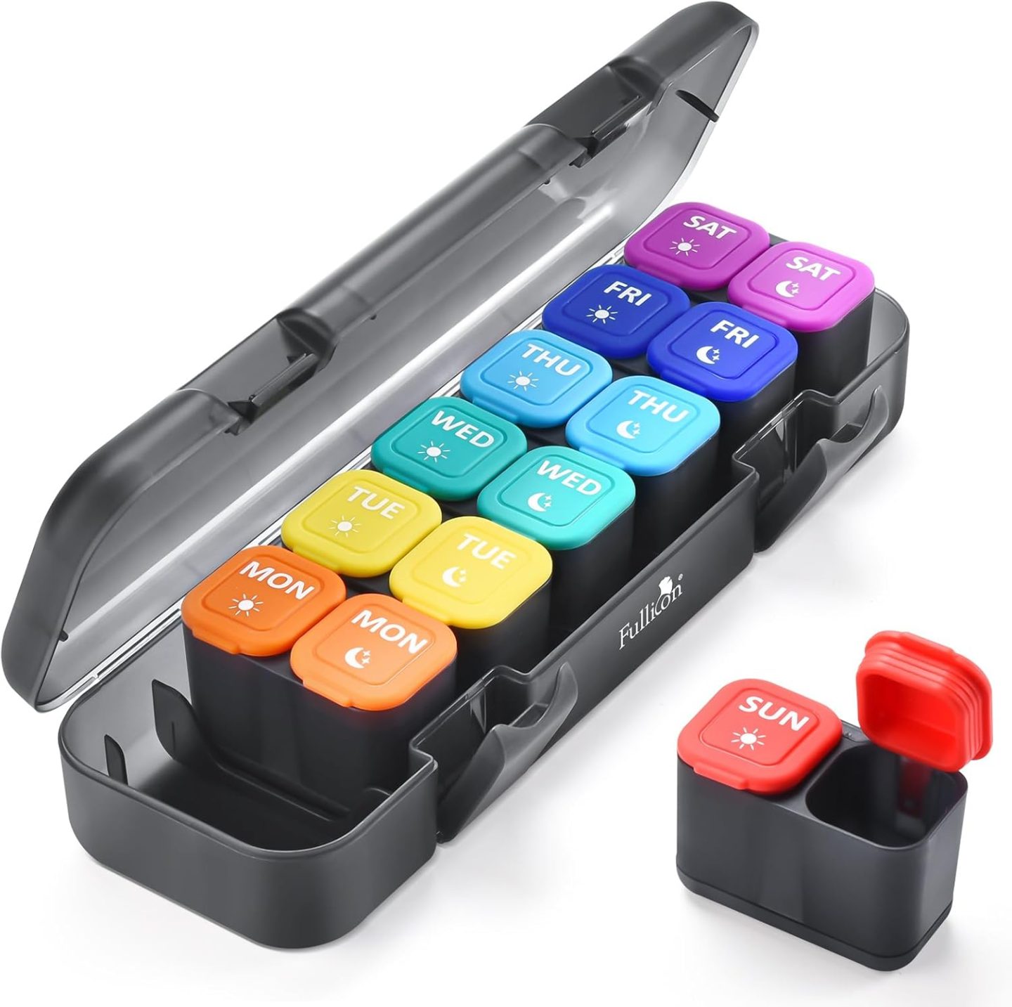 Fullicon Pill Organiser with a black case and multicoloured individual boxes that pull out for different days.