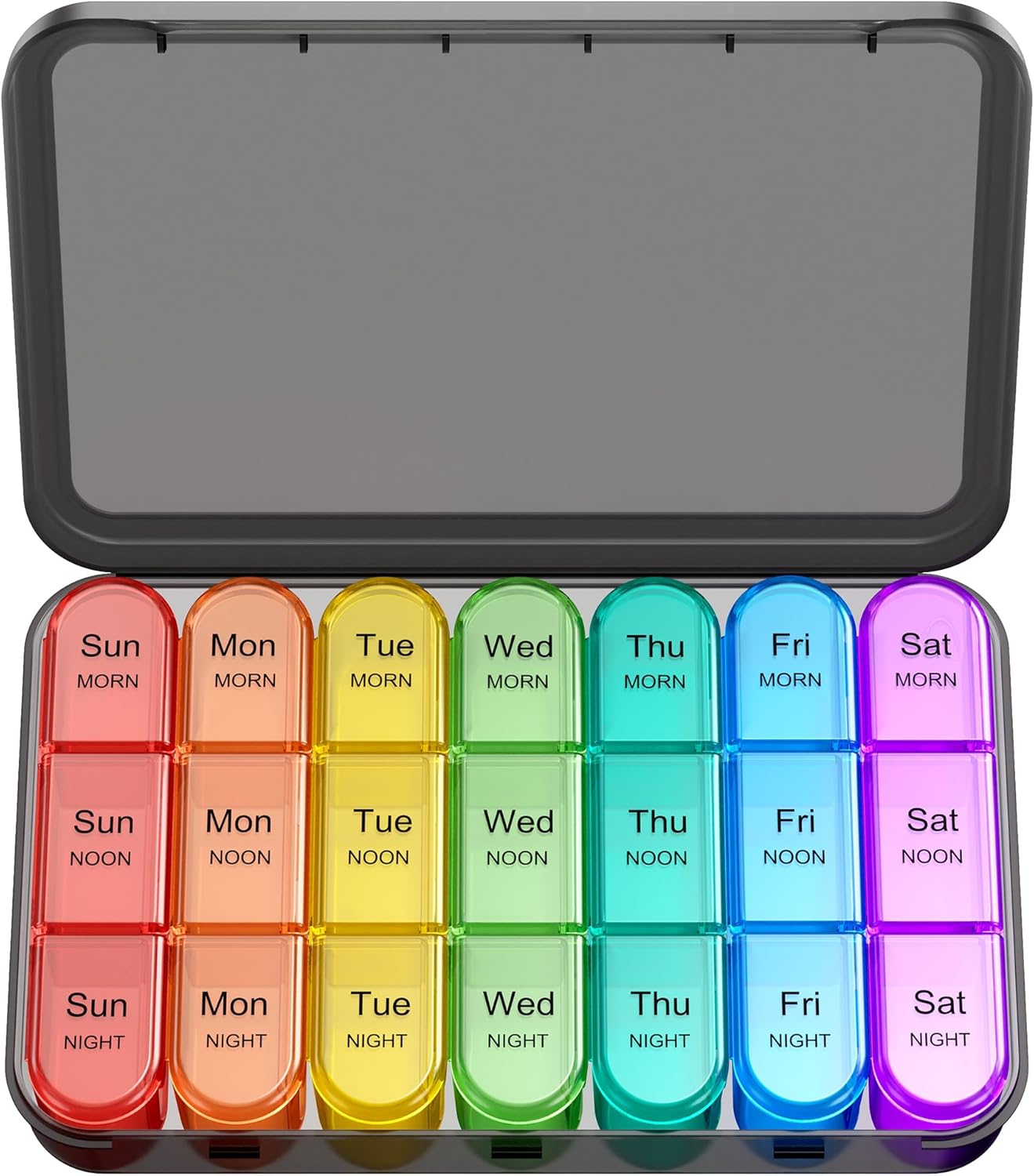 The Zoolion pill box / dossette box with a smokey black case and rainbow coloured days inside to hold 3 lots of medications per day.
