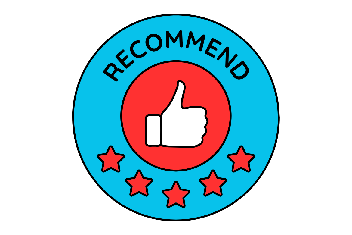 A round digital badge in blue, red, white and black. It shows a 5 star rating review, with "recommend" written above and a thumbs up in the middle.