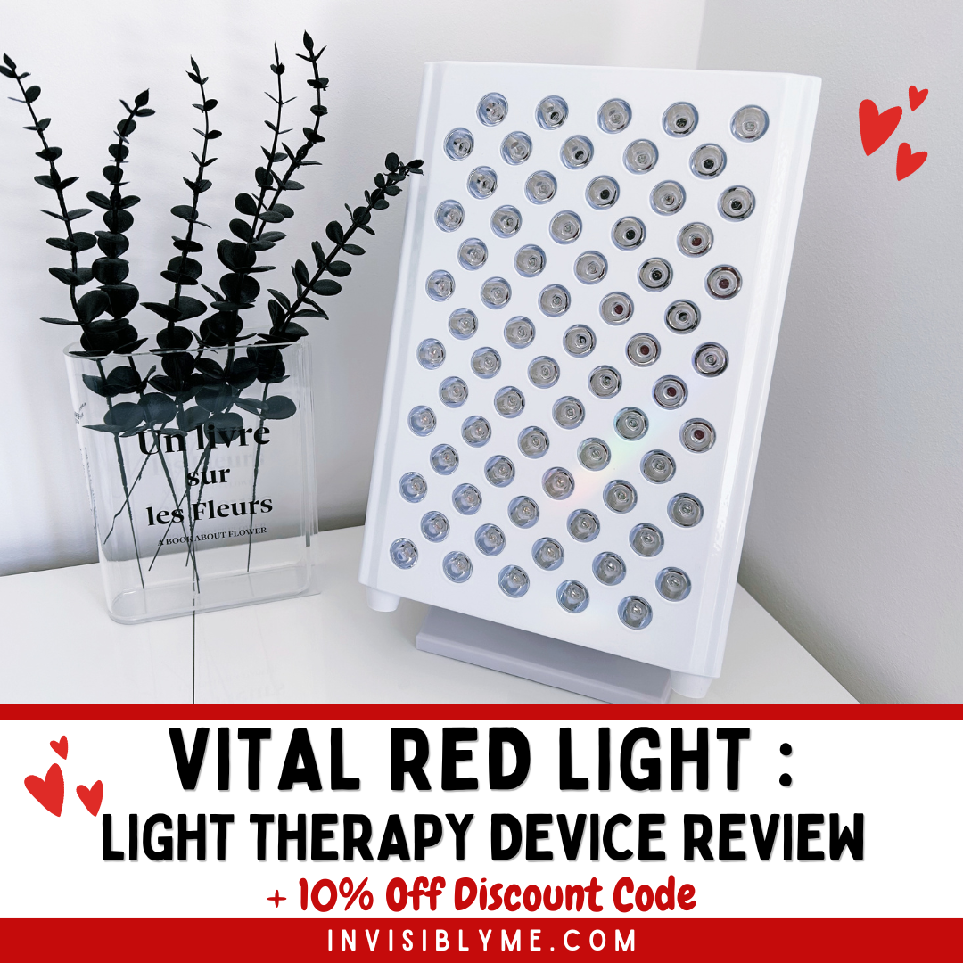 The Vital Red Light device on a white worktop against a white background. To the left is a clear perspex vase shaped like a book, with black leafy-flowers inside. Below is the blog post title: Vital Red Light. Light therapy device review. Plus a 10% off discount code". The Invisiblyme dot com website address is below.